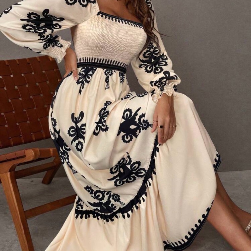 SHEIN Cream and Black Floral Maxi Dress